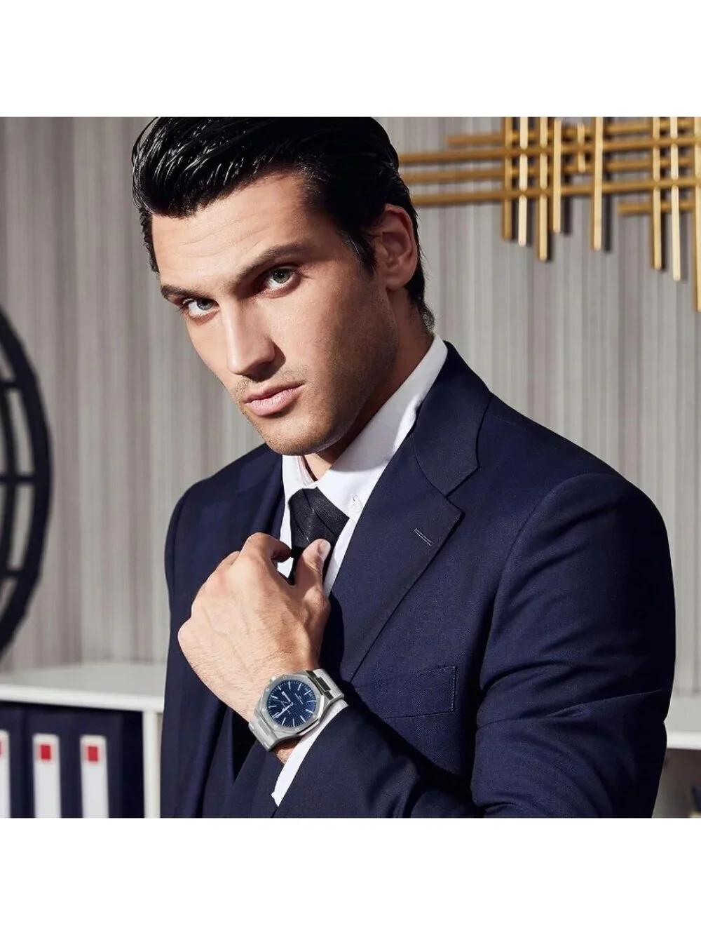 Men's Sliver Strap Blue Face Stainless Steel Octagonal Date Quartz Wrist Watch